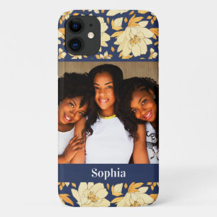 Capa Para iPhone 11 Nome de Foto Floral de Cor Azul-Amarelo Girly