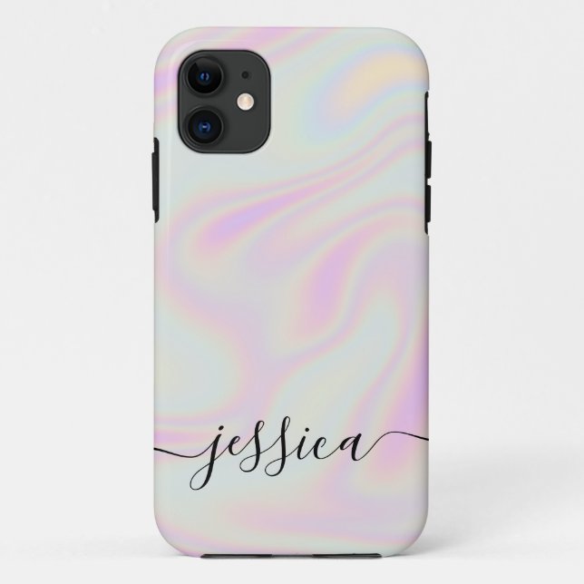 Capa Para iPhone 11 Nome de Script Elegante Holográfico (Verso)