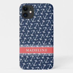 Capa Para iPhone 11 Nome do Coral do Padrão de Âncora Branco Azul
