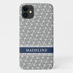 Capa Para iPhone 11 Nome do Marinho do padrão de âncora branca da Ci