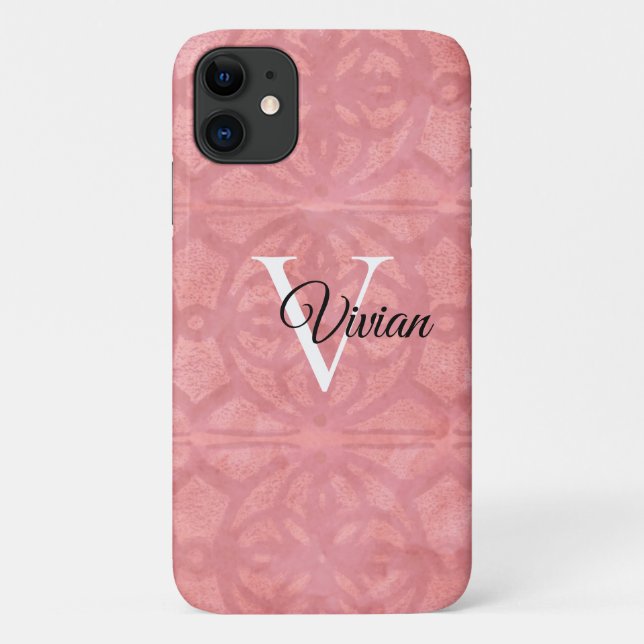 Capa Para iPhone 11 Nome do Monograma de Aquarela Rosa Ruddy (Verso)