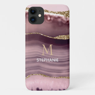 Capa Para iPhone 11 Nome do Monograma de Geodo de Agate Rosa e Roxo