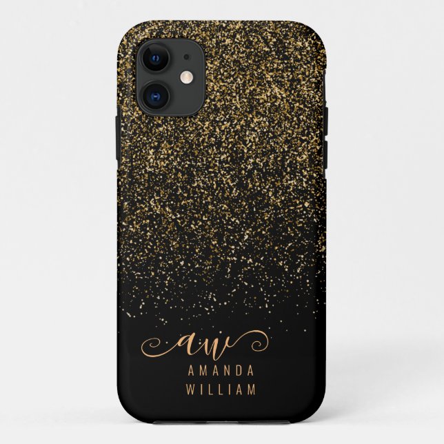 Capa Para iPhone 11 Nome do Monograma do Glitter Glitter Dourado Elega (Verso)