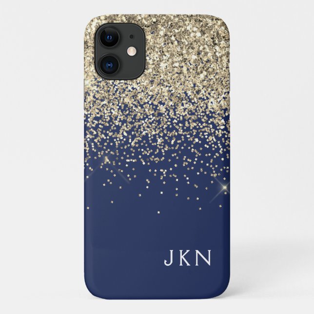 Capa Para iPhone 11 Nome do Monograma do Sparkle Glitter Glitter Azul  (Verso)