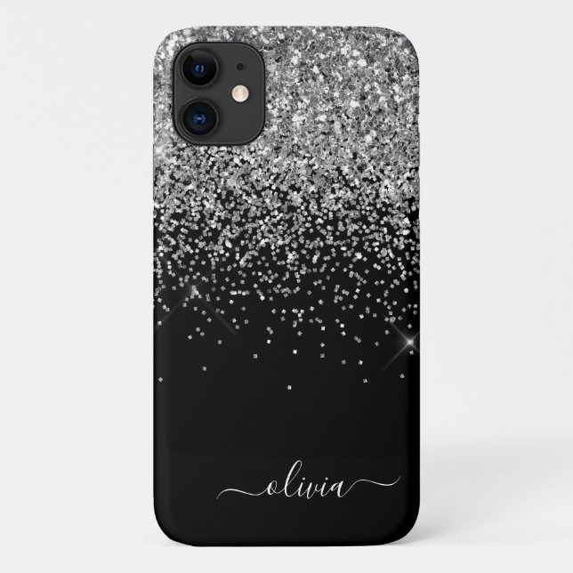 Capa Para iPhone 11 Nome do Monograma do Sparkle Glitter Negra (Verso)