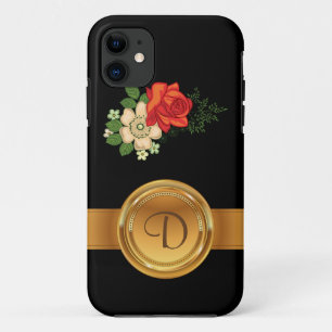 Capa Para iPhone 11 Nome do Monograma Dourado da rosa vermelha e do Da