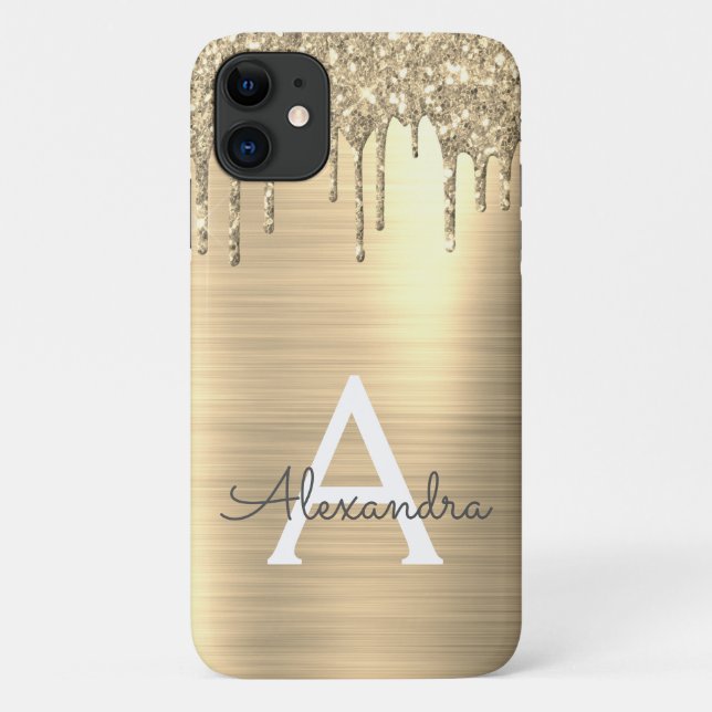 Capa Para iPhone 11 Nome do Monograma Dourado Glitter Brugado Metal (Verso)