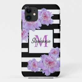 Capa Para iPhone 11 Nome do Monograma Flor Cor-de-rosa Stripe Preta Ro