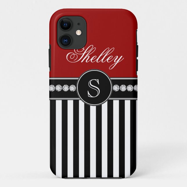Capa Para iPhone 11 Nome do Monograma - Stripes Pretas Vermelhas (Verso)