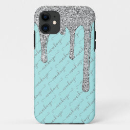 Capa Para iPhone 11 Nome do Script de Drives de Glitter do Teal Silver