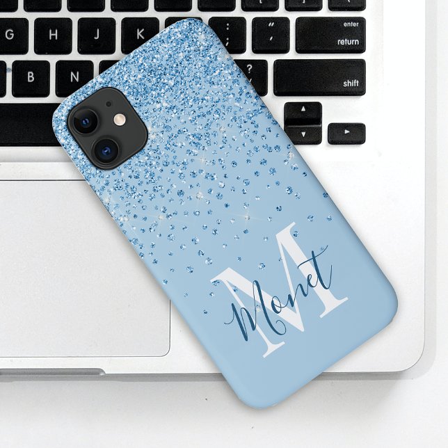 Capa Para iPhone 11 Nome do Script Glam Monograma Glitter Glitter Azul (Criador carregado)