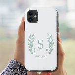 Capa Para iPhone 11 Nome Monograma<br><div class="desc">Esta capa de telefone simples e elegante é decorada com um monograma e um nome, rodeados de folhas de aquarela verde. Facilmente personalizável. Original Watercolor © Michele Davies.</div>
