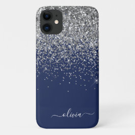Capa Para iPhone 11 Nome Monograma Glitter Azul Marinho Prata Feminino