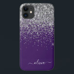 Capa Para iPhone 11 Nome Monograma Glitter Roxo Prata Menina<br><div class="desc">Telefone de Monograma e Inicial de Metal Escovado com Brilho e Glitter Falso Prata e Roxo. Isso torna o presente perfeito de aniversário de 16 anos,  casamento,  chá de noiva,  aniversário,  chá de bebê ou festa de despedida de solteira para alguém que ama glamour luxuoso e estilos chiques.</div>