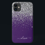 Capa Para iPhone 11 Nome Monograma Glitter Roxo Prateado Menina<br><div class="desc">Telefone Monograma e Inicial de Metal Brilhante com Brilho e Faísca Falsa Prateada e Roxa. Isso torna o presente perfeito para aniversário de 16 anos,  casamento,  chá de noiva,  aniversário de casamento,  chá de bebê ou festa de despedida de solteira para alguém que ama luxo e estilos chiques.</div>
