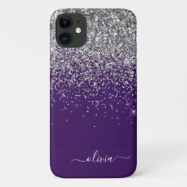 Capa Para iPhone 11 Nome Monograma Glitter Roxo Prateado Menina