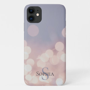 Capa Para iPhone 11 Nome Monograma Rosa Roxo Brilho Bokeh Elegante