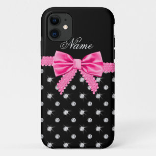 Capa Para iPhone 11 Nome personalizado arco rosa de diamantes negros