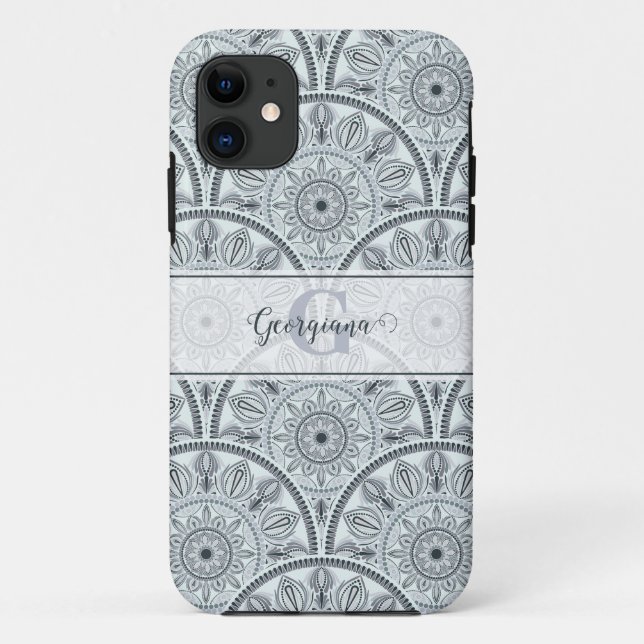 Capa Para iPhone 11 Nome Personalizado Art Deco Floral Harmonia Cinza  (Verso)