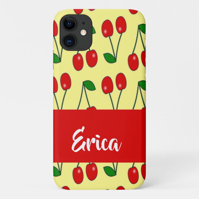 Capa Para iPhone 11 Nome personalizado cerejas vermelhas em amarelo (Verso)