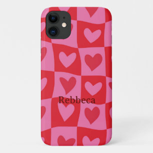 Capa Para iPhone 11 Nome personalizado Cor-de-rosa e corações vermelho