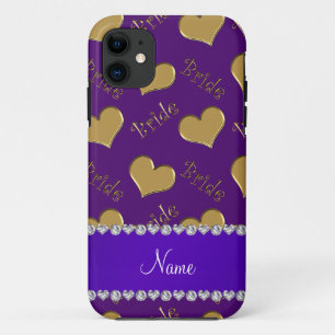 Capa Para iPhone 11 Nome personalizado corações de noiva de ouro roxo