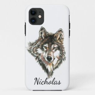 Capa Para iPhone 11 Nome Personalizado da Cinza de Aquarela Wolf