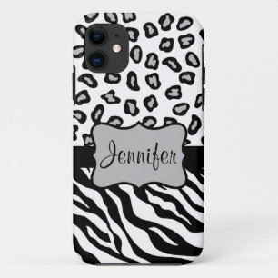 Capa Para iPhone 11 Nome Personalizado da Pele do Leopardo Branco Negr