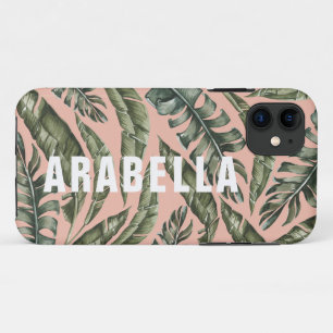 Capa Para iPhone 11 Nome personalizado das folhas tropicais e inicial