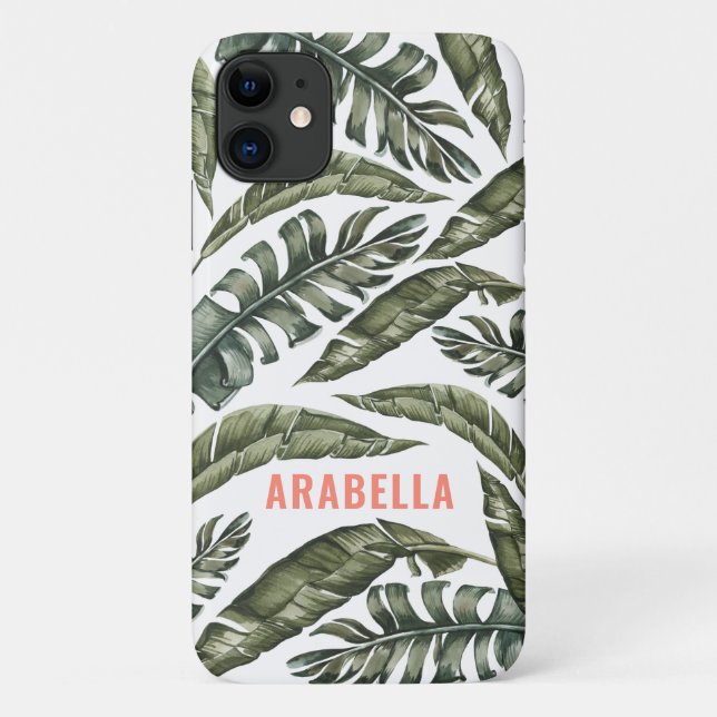 Capa Para iPhone 11 Nome personalizado das folhas tropicais e inicial (Verso)