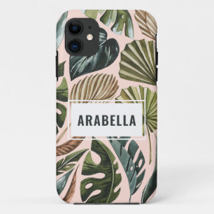 Capa Para iPhone 11 Nome personalizado das folhas tropicais e inicial