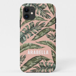 Capa Para iPhone 11 Nome personalizado das folhas tropicais e inicial