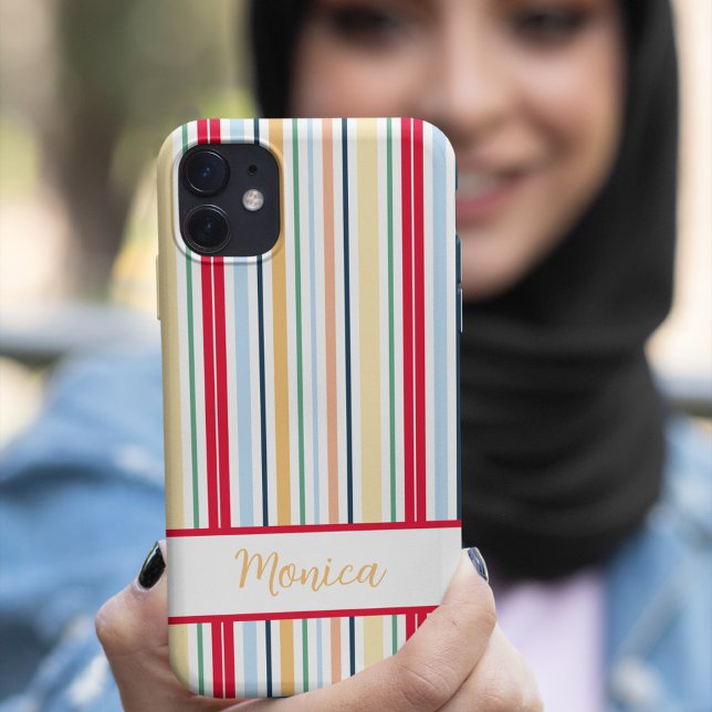 Capa Para iPhone 11 nome personalizado de faixas verticais estilo prim (Spring style vertical stripes custom name Case-Mate iPhone case)