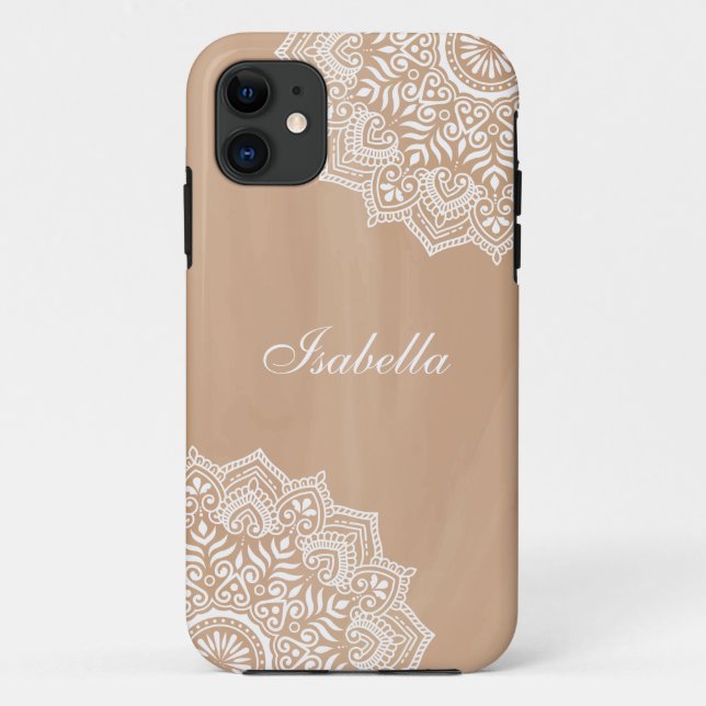 Capa Para iPhone 11 Nome Personalizado de Mandala Neutro de Boho (Verso)