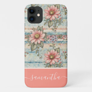 Capa Para iPhone 11 Nome Personalizado de Pêssego Floral Clássico Vint