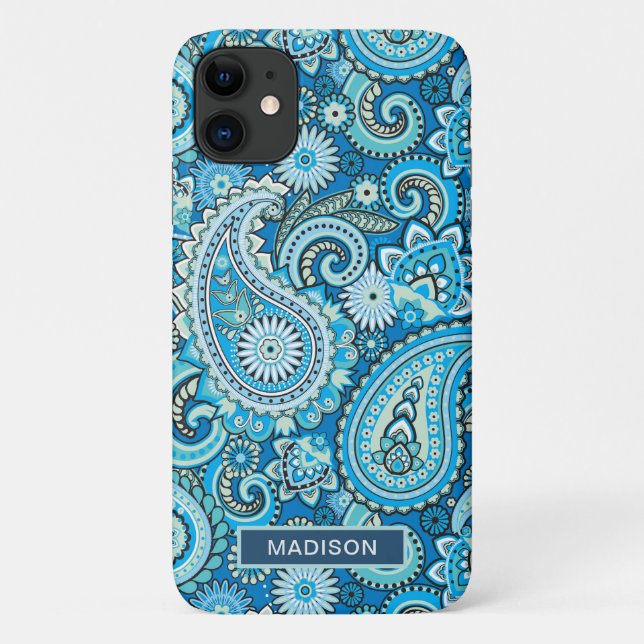 Capa Para iPhone 11 Nome Personalizado do Padrão de Folha Azul Moderno (Verso)