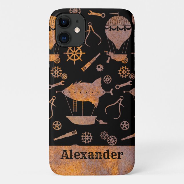 Capa Para iPhone 11 Nome Personalizado do Tema de Aeródromos Steampunk (Verso)