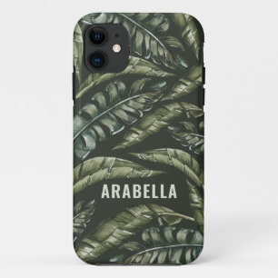 Capa Para iPhone 11 Nome personalizado e inicial da folha tropical