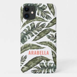 Capa Para iPhone 11 Nome personalizado e inicial da folha tropical