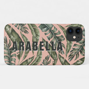 Capa Para iPhone 11 Nome personalizado e inicial da folha tropical
