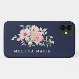 Capa Para iPhone 11 Nome Personalizado Floral Blush Navy