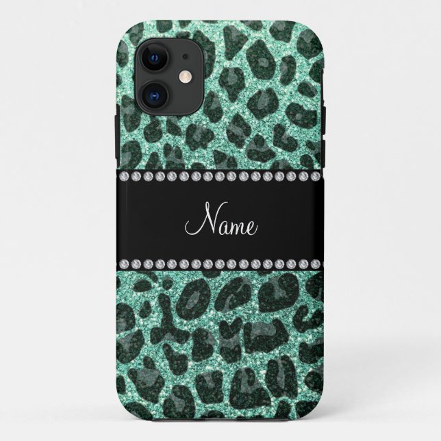 Capa Para iPhone 11 Nome personalizado glitz verde-maconha-leopardo (Verso)