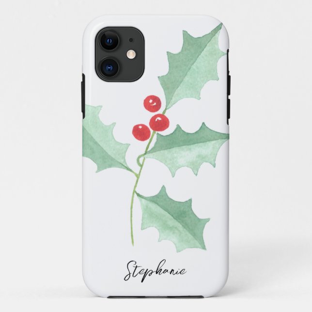 Capa Para iPhone 11 Nome Personalizado Greenery & Red Berry (Verso)