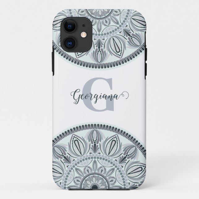 Capa Para iPhone 11 Nome Personalizado Harmonia Floral Cinza Monotone  (Verso)