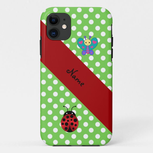 Capa Para iPhone 11 Nome personalizado ladybug borboleta bolinhas verd (Verso)