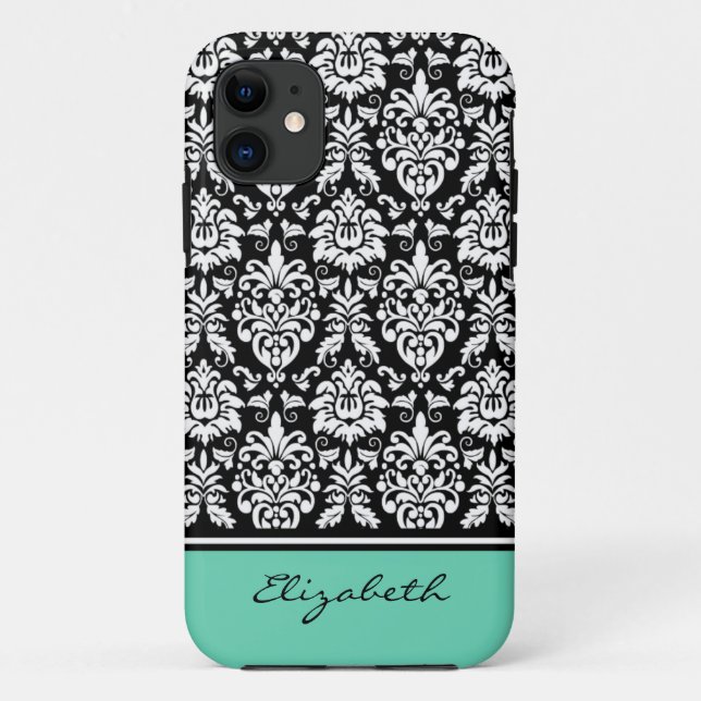 Capa Para iPhone 11 Nome Personalizado Mint Black White Damask (Verso)