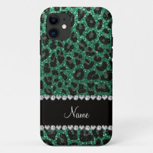 Capa Para iPhone 11 Nome personalizado mint verde brilho leopardo