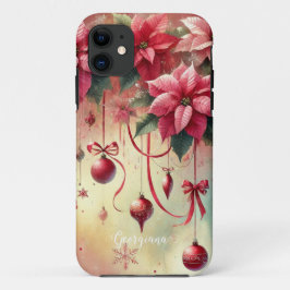Capa Para iPhone 11 Nome Personalizado Poinsettia Whimsical Baubles de