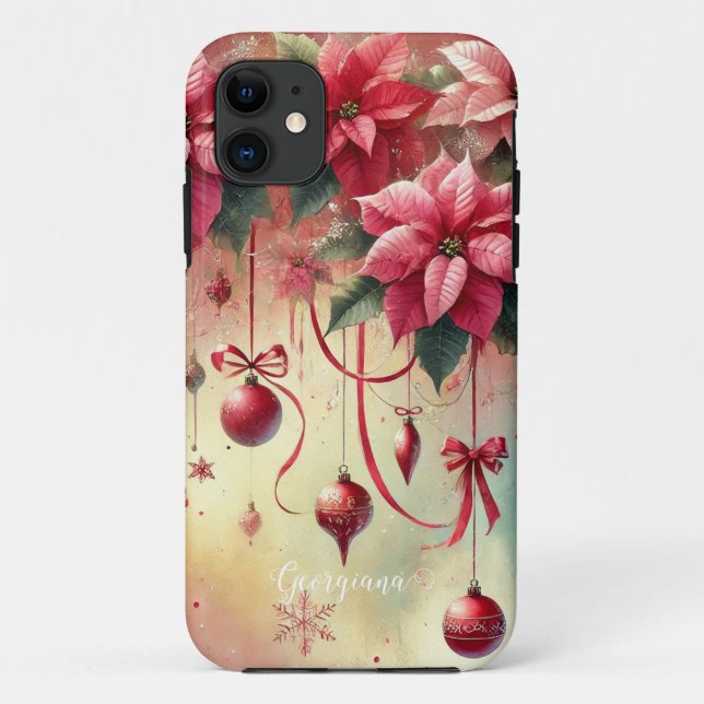 Capa Para iPhone 11 Nome Personalizado Poinsettia Whimsical Baubles de (Verso)