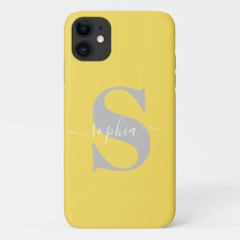 Capa Para iPhone 11 Nome Personalizado, Script Inicial, Amarelo/Pratea